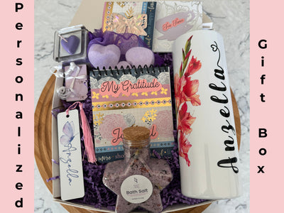 Self Care Package Purple Personalized Gift Box for Her Spa Pamper Best Friend Birthday Tea Lover Shower Steamer Birth Flower Tumbler Set