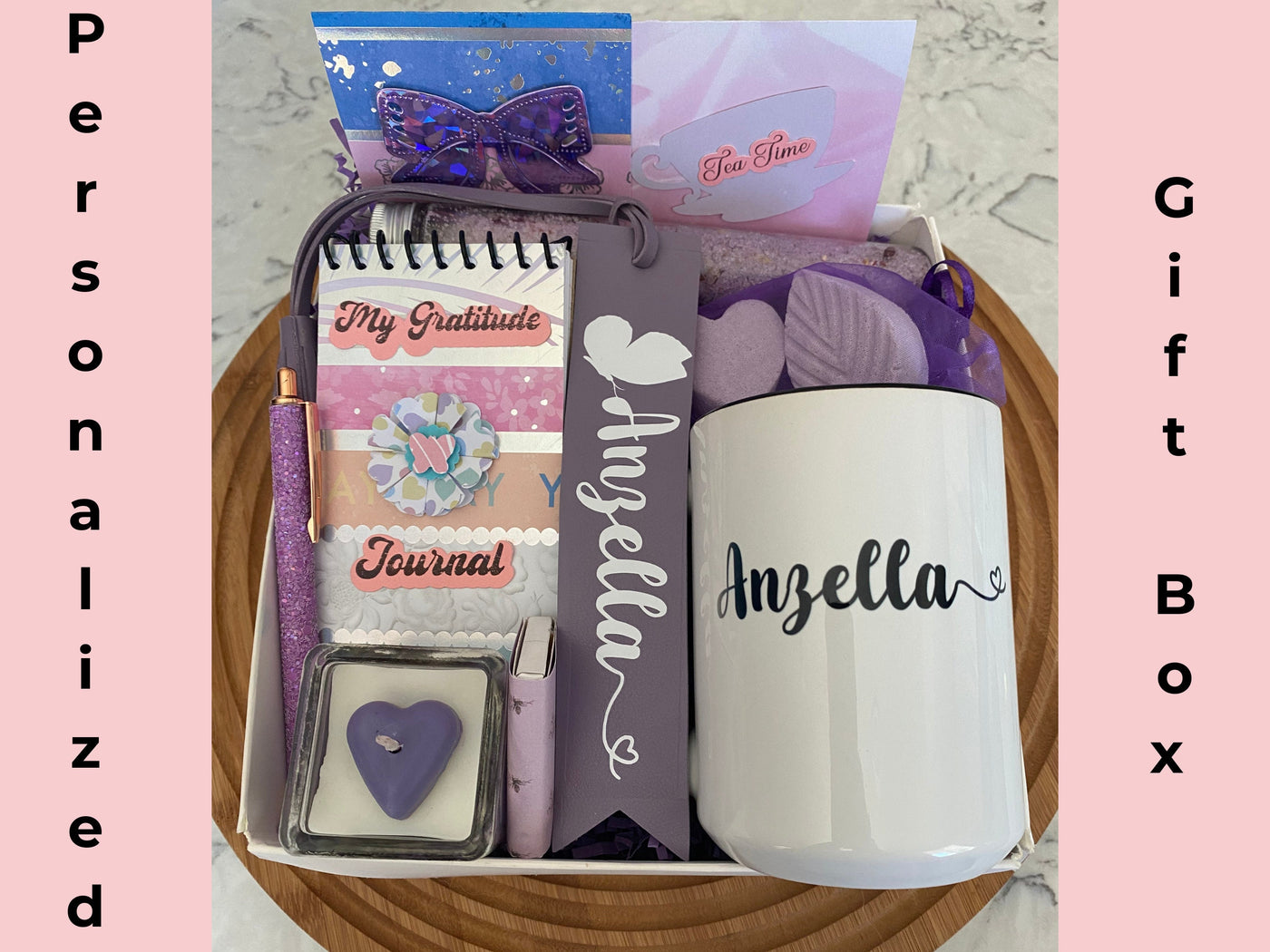 Self Care Gift Box Mug Personalized Spa Gift Set Care Package for Her Best Thank You Friend Purple MomMom Pamper Mothers Day Birthday Ideas