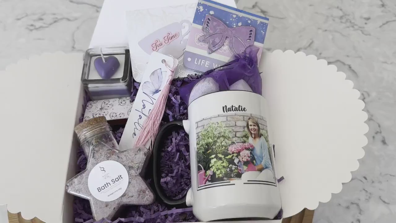 Self Care Gift Box Personalized Package Spa Day Basket Best Friend Birthday Christmas for Her  New Mom Set Bride Purple Relaxing Thank You